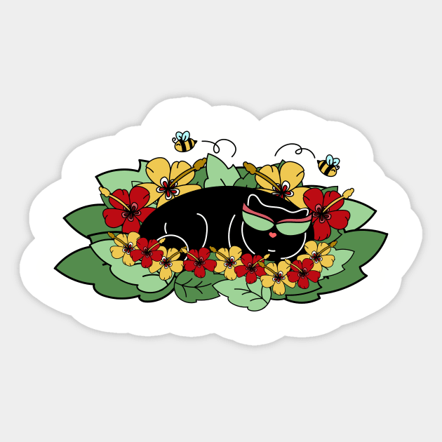 Spring Cat in Leaves and Flowers with Bees Sticker by Bitycat